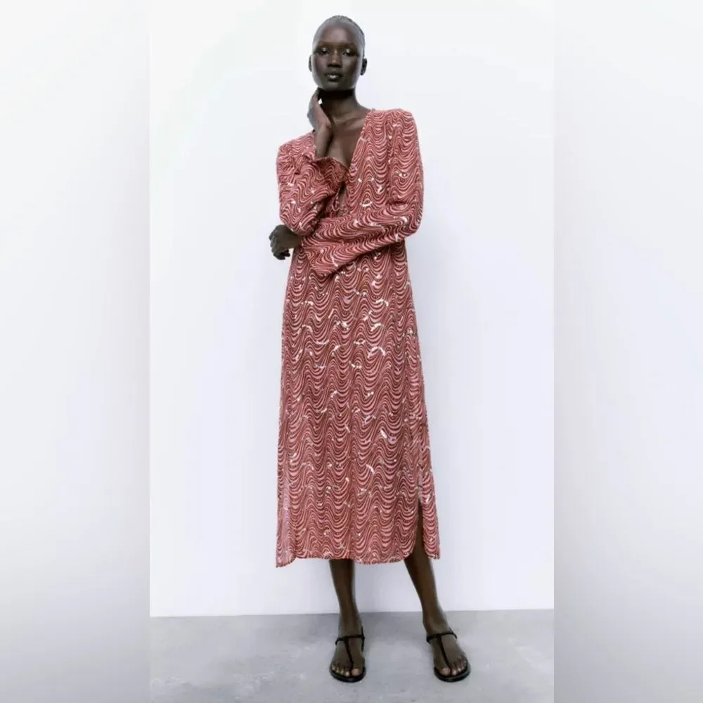 ZARA NWT WOMAN BEADED MIDI DRESS PINK - Picture 4 of 11